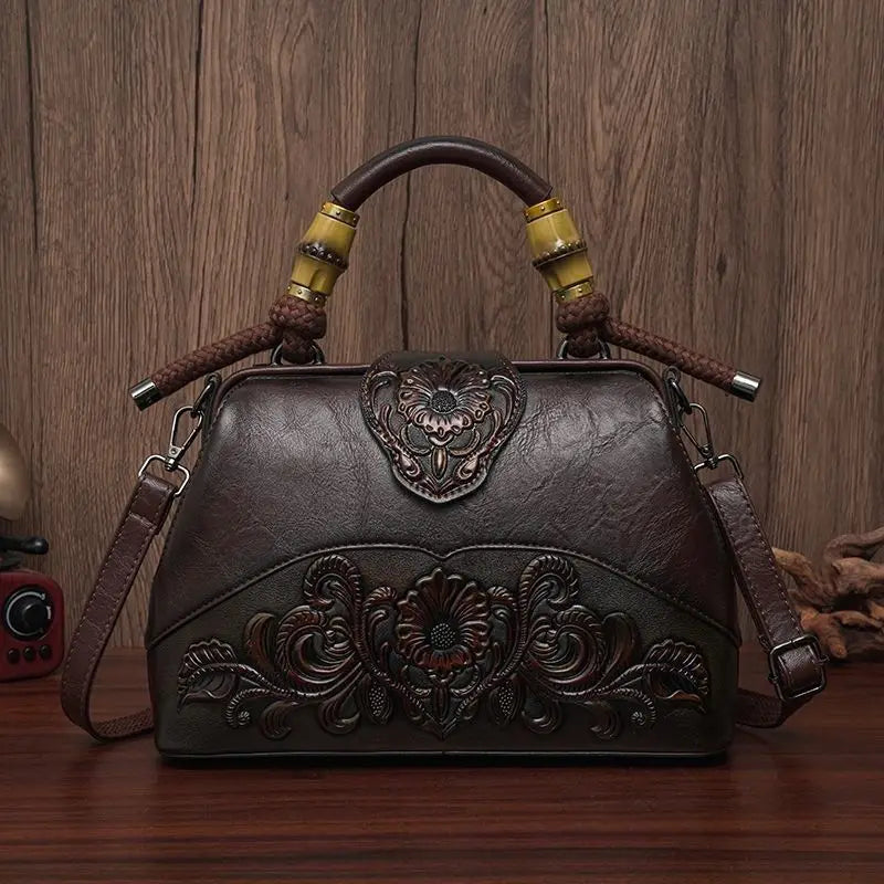The New Ethnic Style Embossed Cowhide Boston Bag Fashion Handbag Women Trendy Crossbody Bags Mothers High-end Women Package