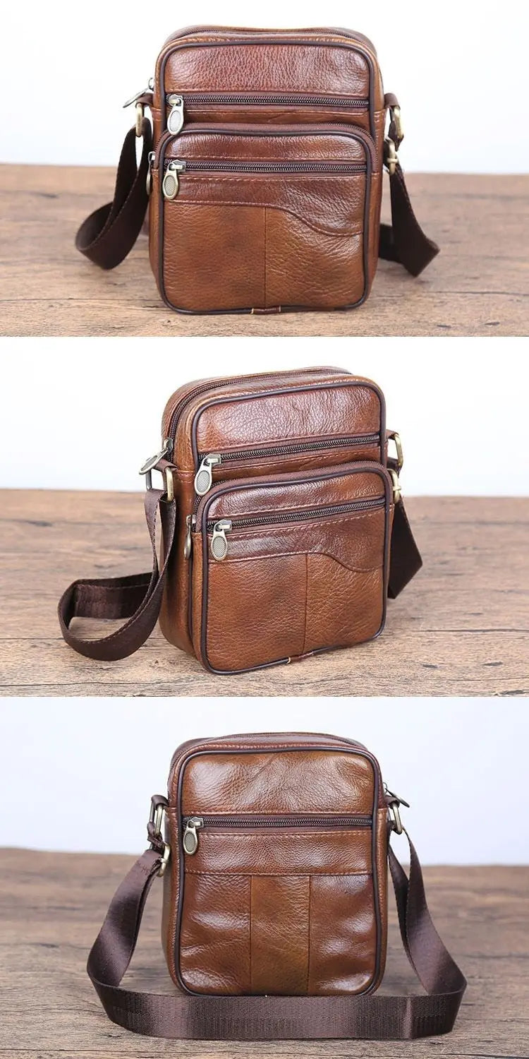 Genuine Leather Men's Shoulder Bag Cowhide Crossbody Business Backpack Multi-Layered Briefcase American Retro Style