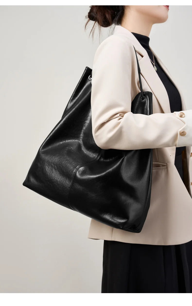BURMINSA Large Genuine Leather Hobo Shoulder Bag For Women Slouchy Cowhide Work Tote Office Commuter Shopper Underarm Handbags