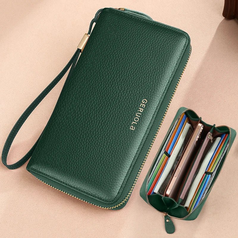 GERUOLA Anti-Theft RFID Blocking Long Sleeve Wallet with Zipper Closure, Red Genuine Leather Money Clip with Zipper Pocket, Dura